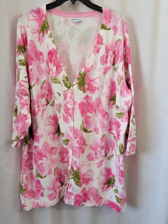 Isaac Mizrahi Sweater Cardigan Top 3X Floral Rose Gardencore Granny Chic Cottage - Picture 2 of 11